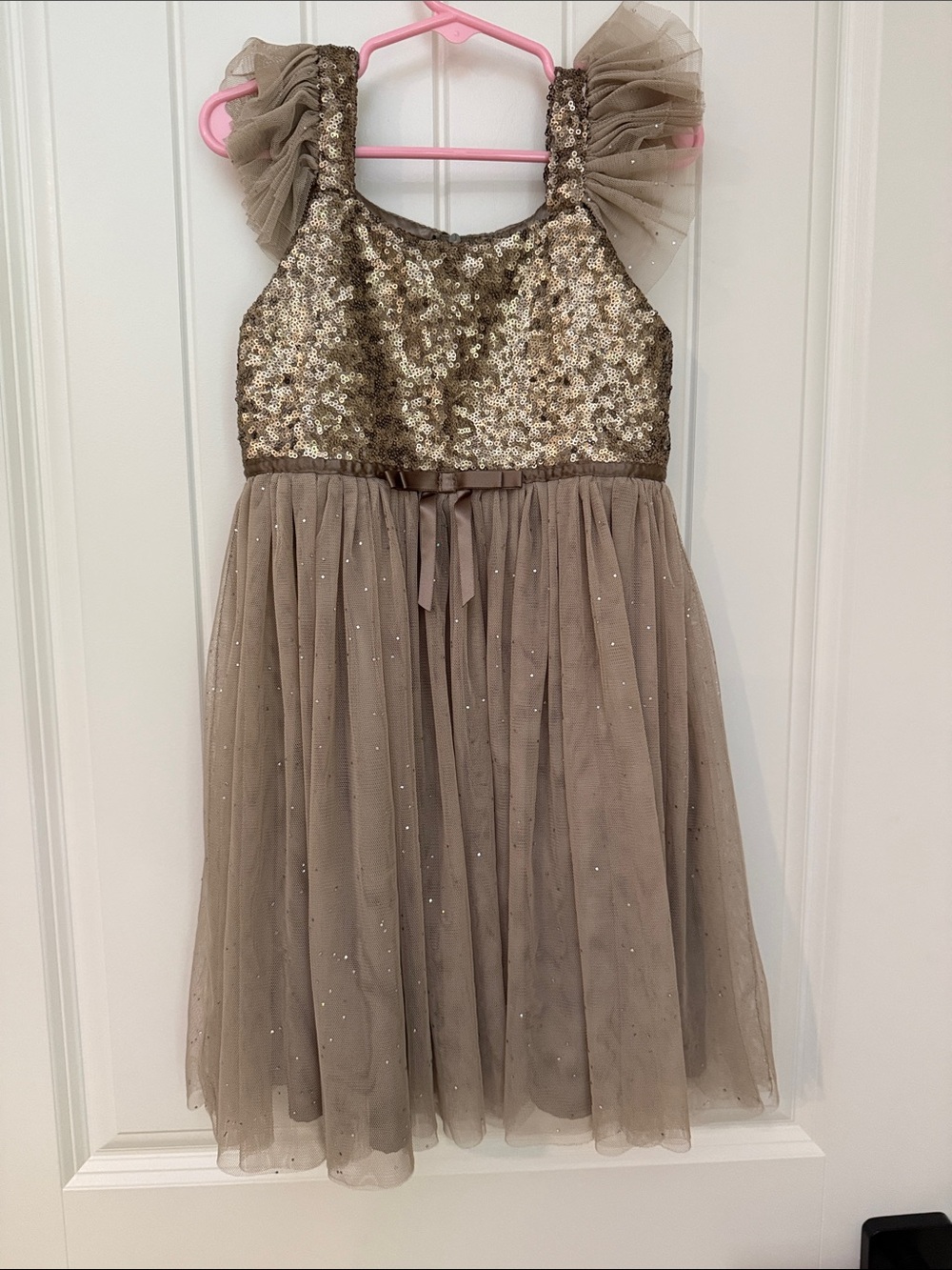Popatu Gold Sequin Bodice Taupe Tulle Party Dress